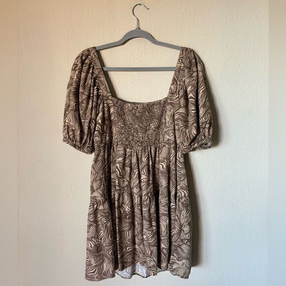 House of Harlow Mini Brown Dress Print Linen Puff Sleeve Babydoll Size S - Picture 8 of 11